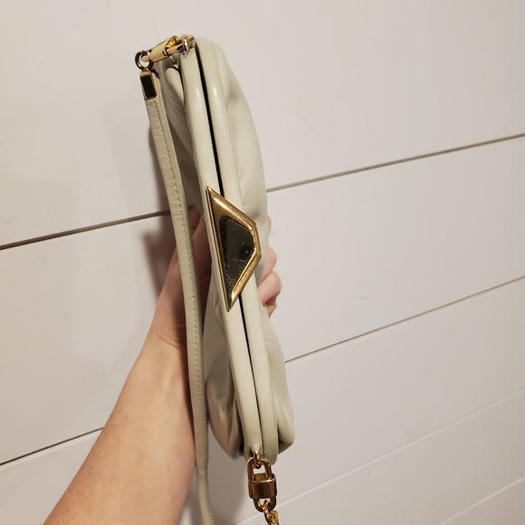 Vintage leather mini purse jane shilton small crossbody bag art deco cream gold - Picture 5 of 16